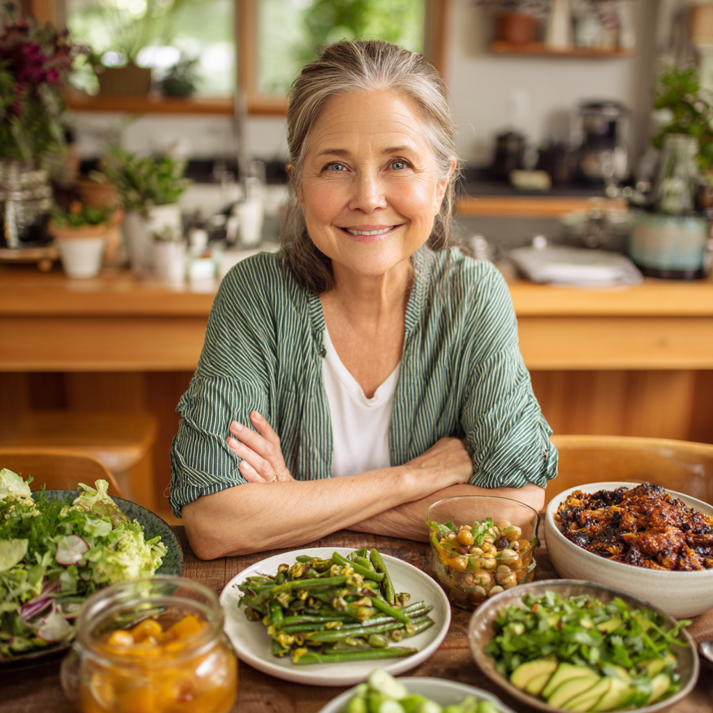 Жена на 52 години седи на масата с разнообразни здравословни ястия пред нея, усмихната и доволна от храната