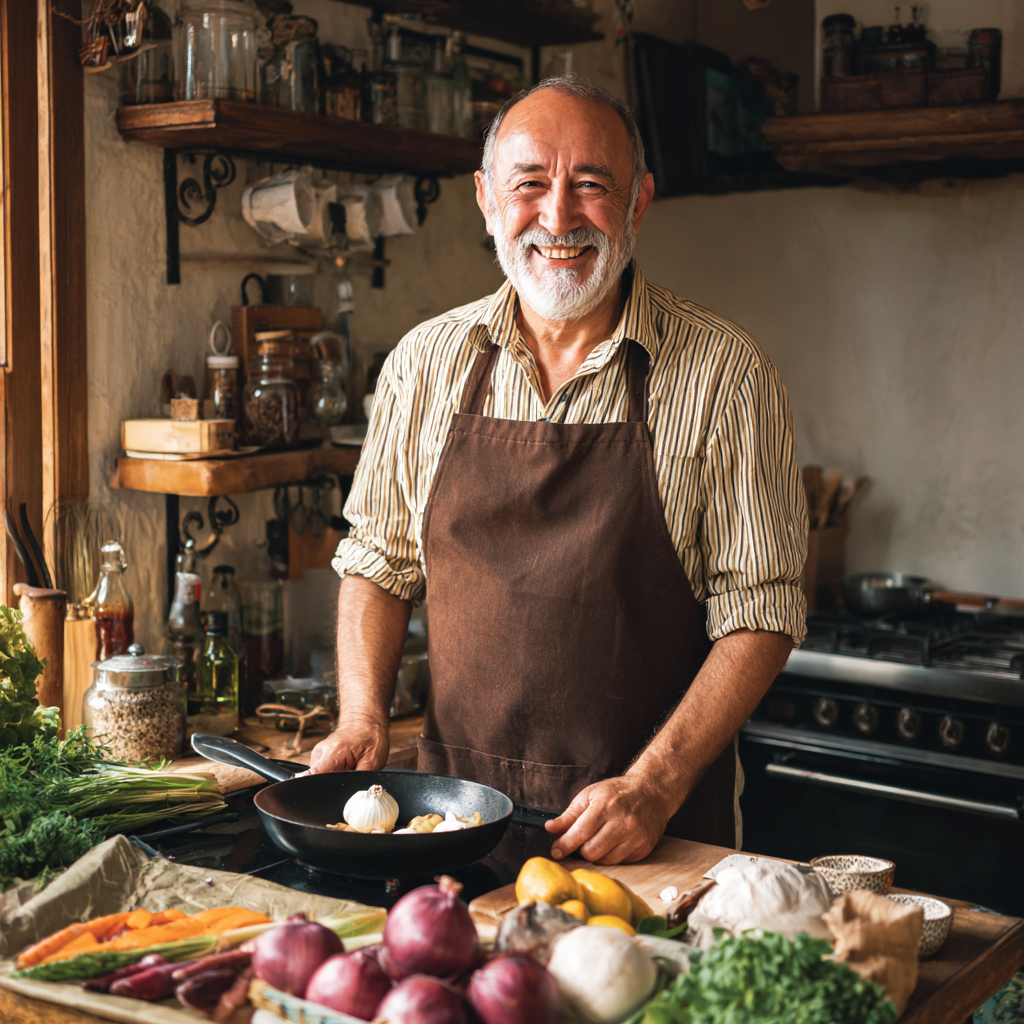 Мъж на 58 години готви здравословна храна в кухнята, усмихнат и облечен в престилка