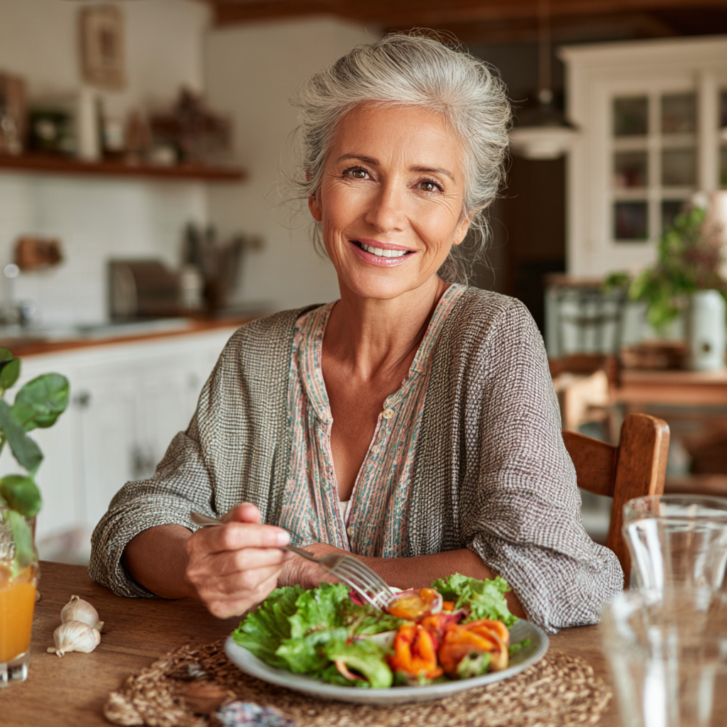 Усмихната жена на 55 години държи здравословна чиния с храна, седнала на кухненската маса в светла кухня